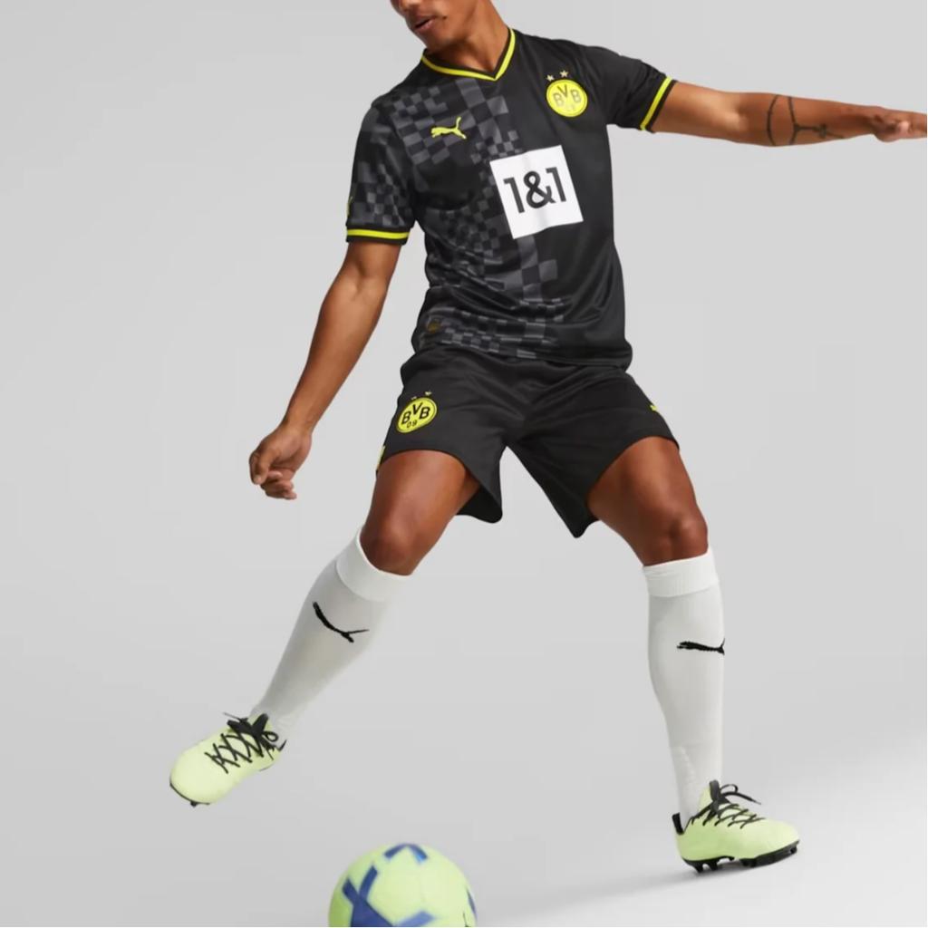 Puma Logo Print V-Neck Short Sleeve Football Shirt, Dortmund Away Fan Edition Men Tops Black 765884-02