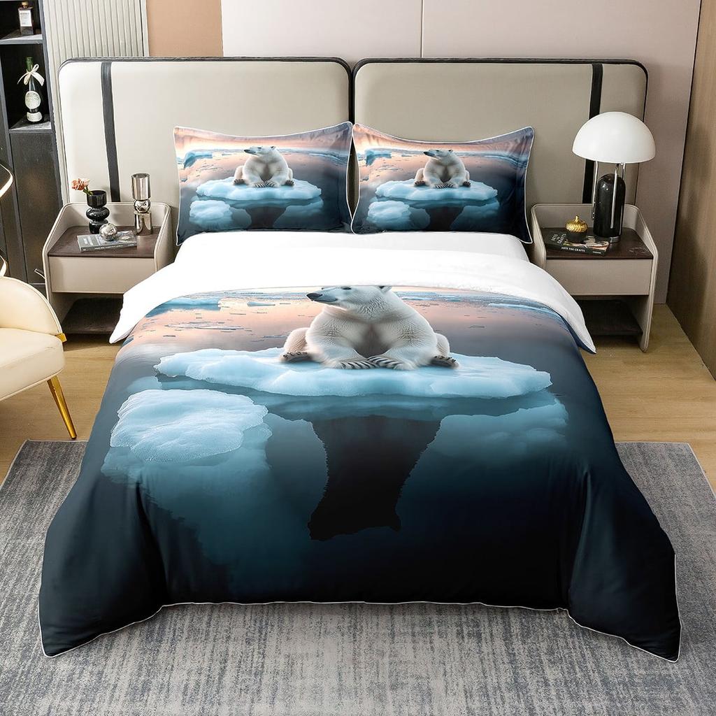 Comforter Polar Bear Queen Size Natural Sunset Sky Arctic Glacier Ice Lake Lovely Wild Animal Comforter Warm