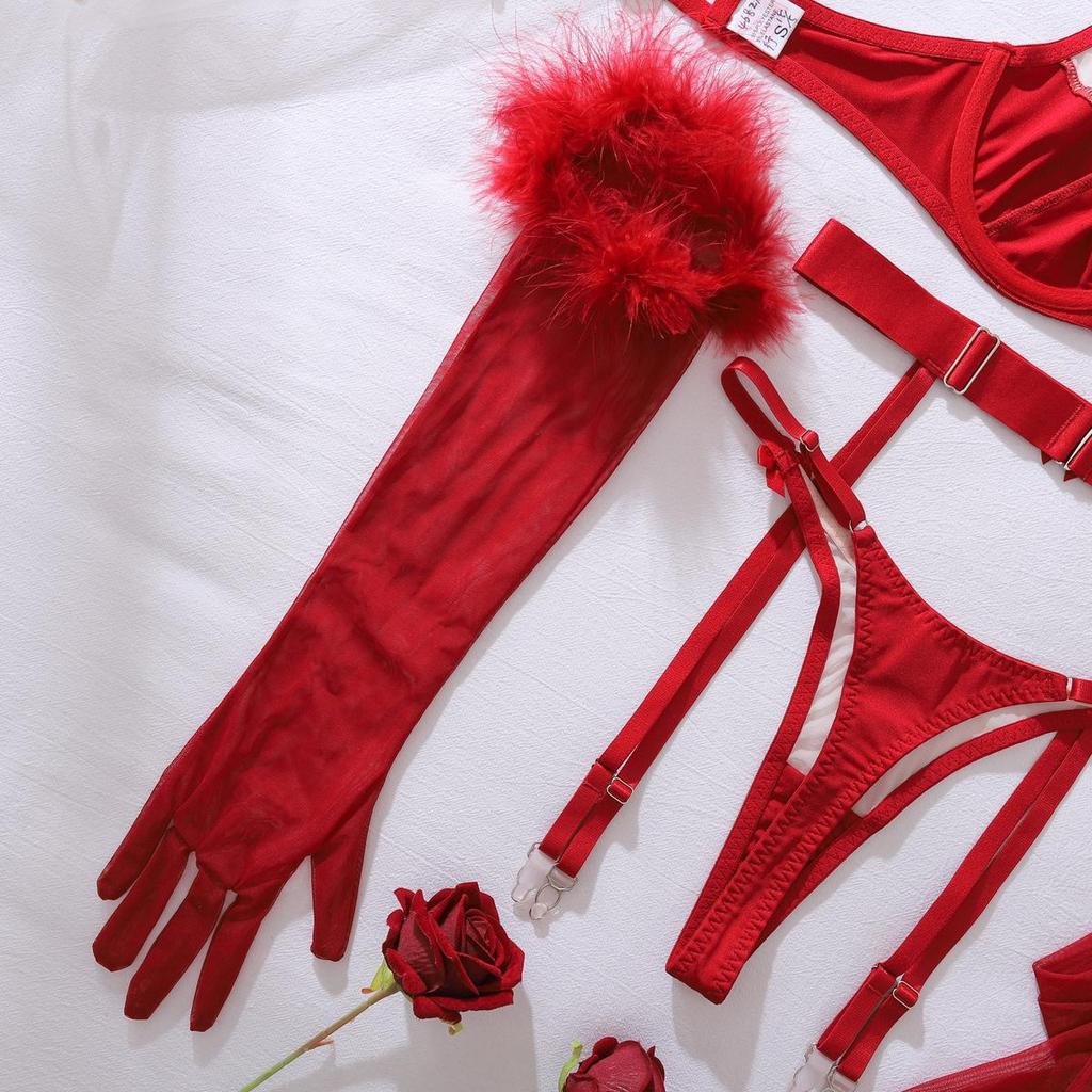 Women's Sexy Lingerie Set Red Shaping Bra Set Lingerie Set With Sheer Stockings & Gloves