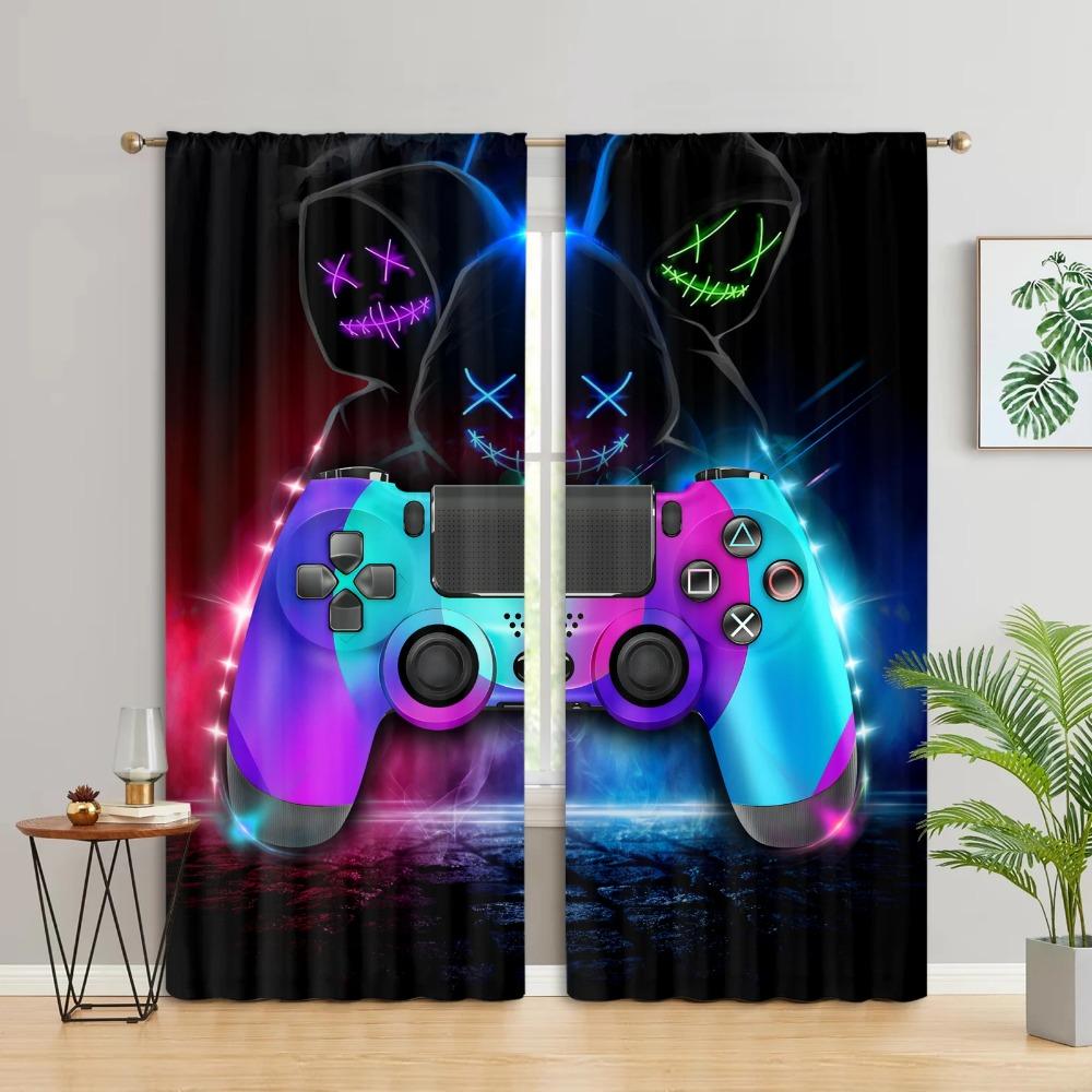 Lightning Blue Red Gamepad Patterned Curtain For Bedroom Space Living Room Space Playroom Window Drapes Wall Decors With Free Accessories