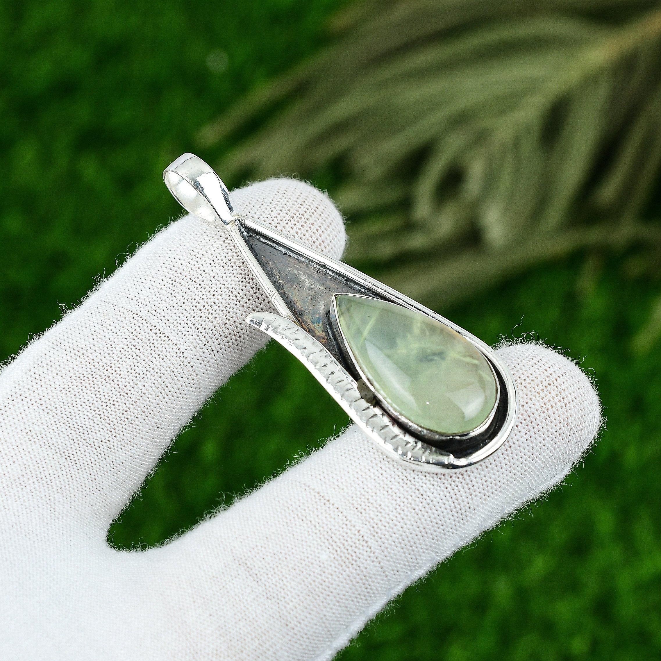 

Pear Prehnite Gemstone 925 Silver Mother Bezel Unique Trendy New Pendant Jewelry