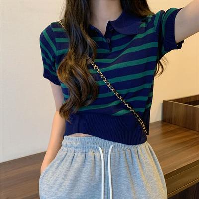 Maglia a maniche corte a righe con colletto polo rétro per donna, design primaverile, top corto di nicchia