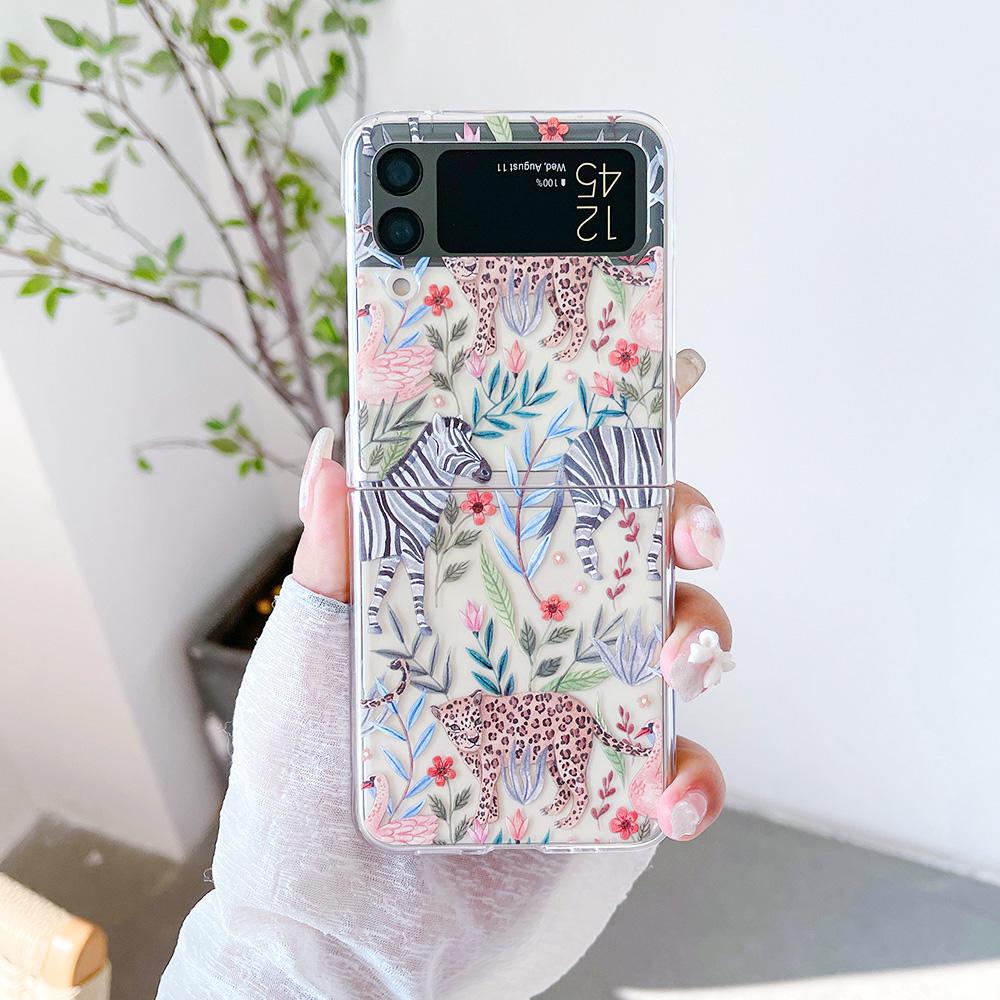 For Samsung Galaxy Z Flip 4 3 Flip4 Flip3 Case Jungle Leopard Rose Deer Painted Transparent Shockproof Folding Hard Back Cover
