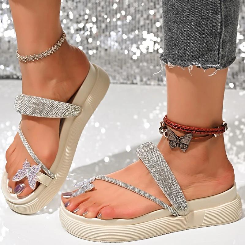 Fashion Crystal Butterfly Clip Toe Sandals Women 2025 Summer Beach Vocation Shiny Straps Wedges Slides Woman Chunky Platform Flip Flops