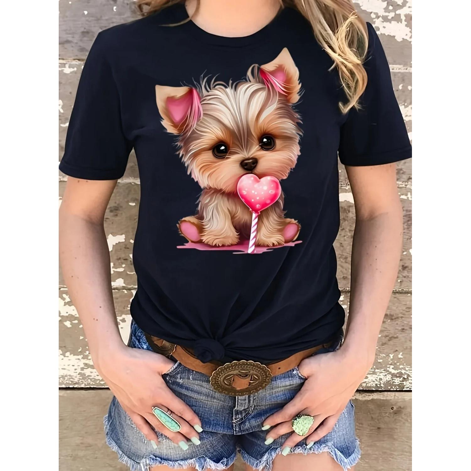 2024 Hot selling Puppy Print round neck T-shirt Spring Summer casual short sleeved top Women s clothing S чёрный
