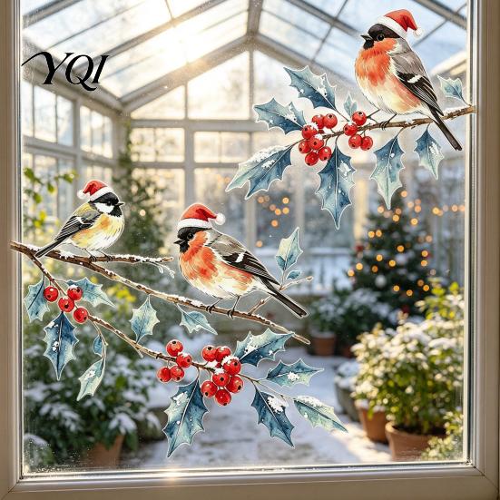 Watercolor Bird Sticker Christmas Window Sticker, Santa Hat On Beey Reusable Party Decorations Branch Static Decal, Waterproof Cling for Holiday