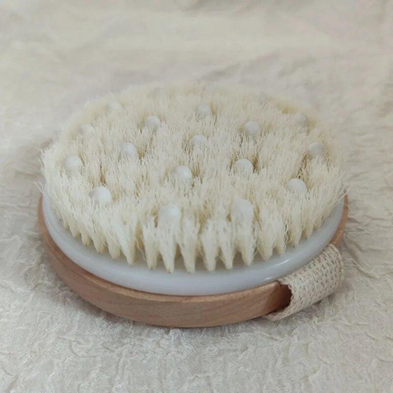 Badborste med svinborst Massage Ryggskrubb Handhållen Nylon Mjuk Hår Dusch Torrborste Trä Rund Badskrubb