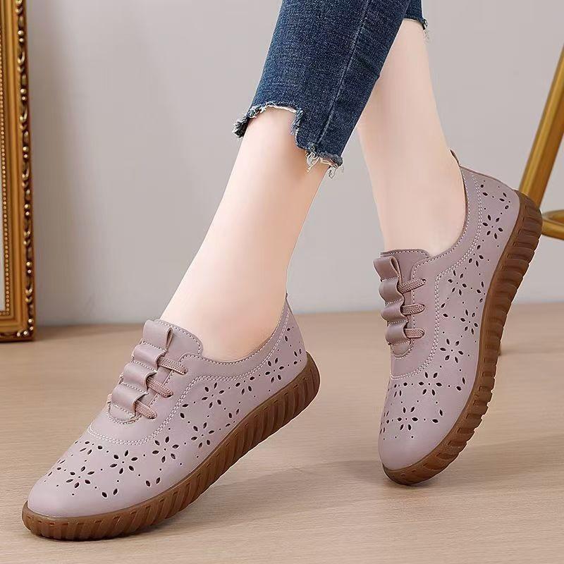 Soft Leather Beef Tendon Soft Sole Doudou Shoes Middle-aged and Elderly Flat Shoes Single Shoes Women's One-pedal Hollow Hole Shoes Lazy Shoes