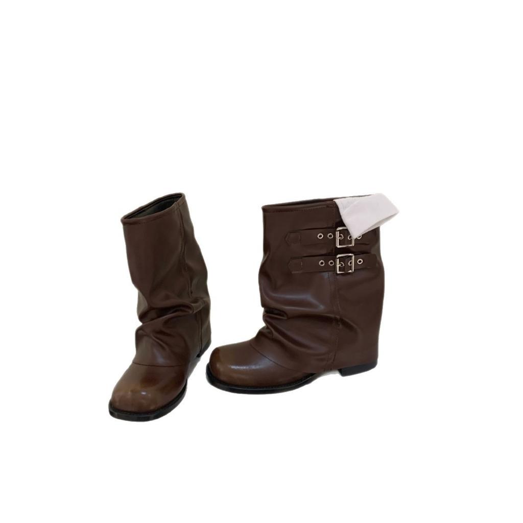 2025 New Pleated Stacking Boots Thick Heel Belt Buckle Loose Large Tube Circumference Women's Boots Summer Popular Super Fire Trouser Tube Boots