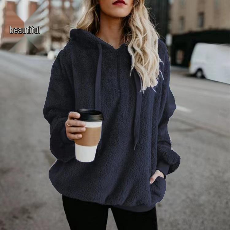 European & American Style Women's Hooded Fleece Sweatshirt Jacket