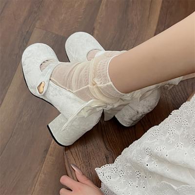 New Trendy Elegant Bowknot Girls Mary Jane Shoes Buckle Single Shoes College Style Footwear High Heel Pumps Thick Heel Shoes