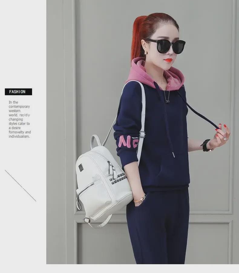 Damen Plüsch Kontrastfarbe Bestickter Sportanzug: Lockeres Pullover- und Hosen-Zweiteiler-Set für Herbst/Winter.