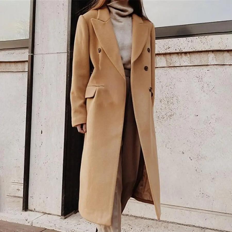 New Autumn Winter Imported Women's Long Sleeve Stand Collar Solid Color Double Button Fitted Coat