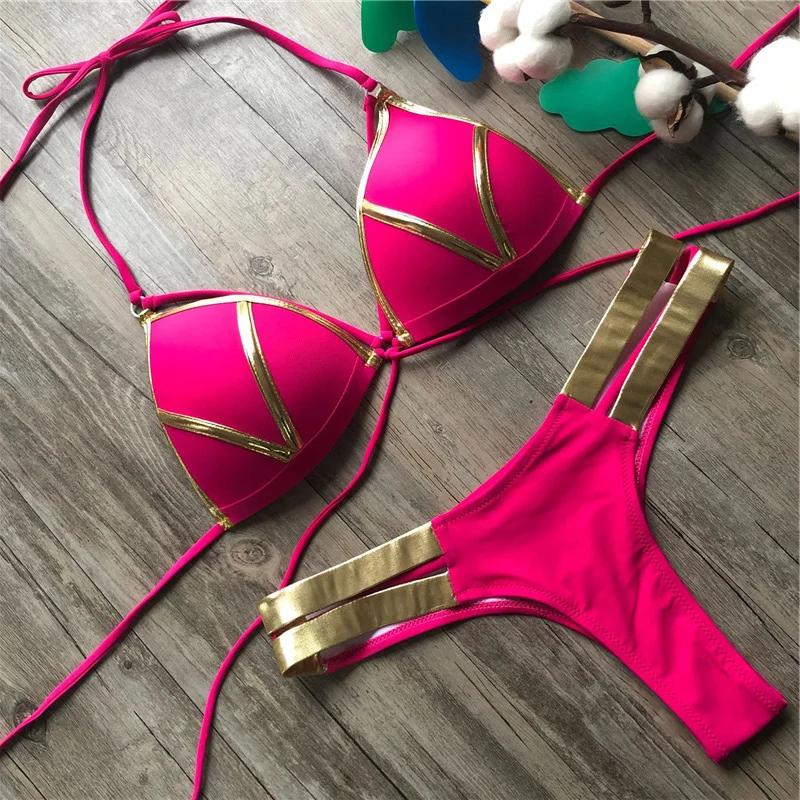New Red Swimwear Push Up Swimsuit Women Biquini Padded Bathing Suit Gold Stamping Brazilian Bikini Set Thong Sexy Bikini