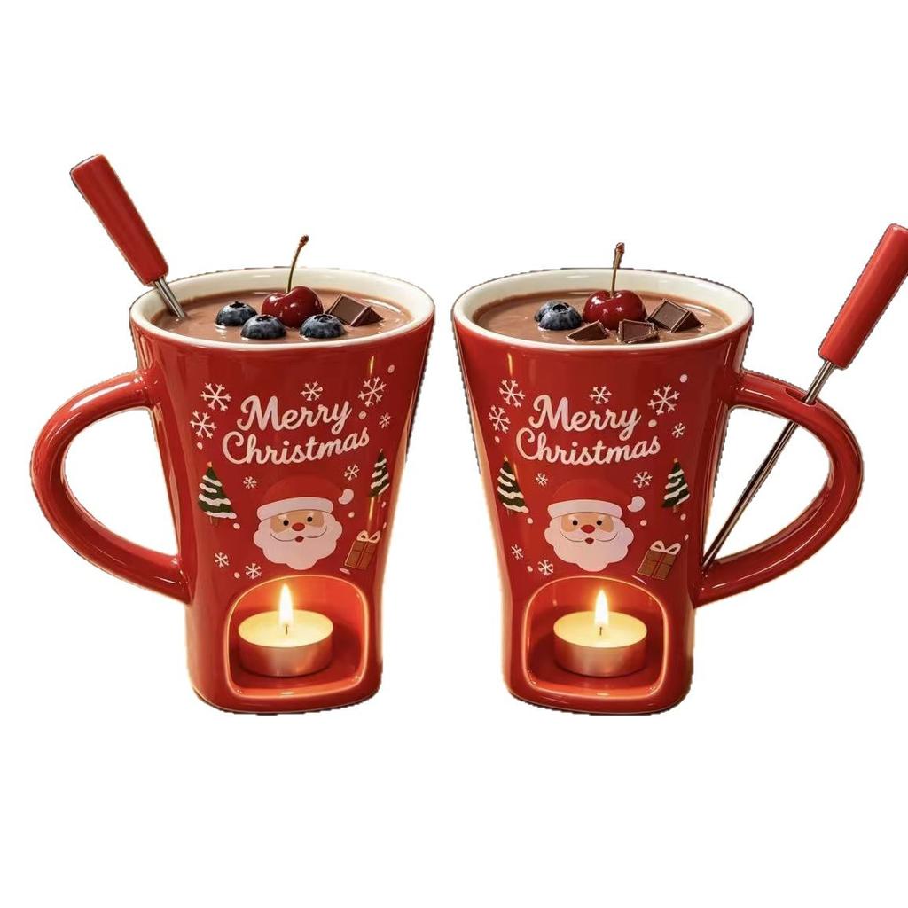Christmas Ceramic Fondue Mug, Chocolate Melting Cup with Tealight Holder & Fork