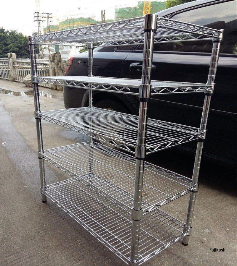 Movable Chrome Wire Mesh Shelving Unit with Wheels - Stainless Steel Storage & Display Rack