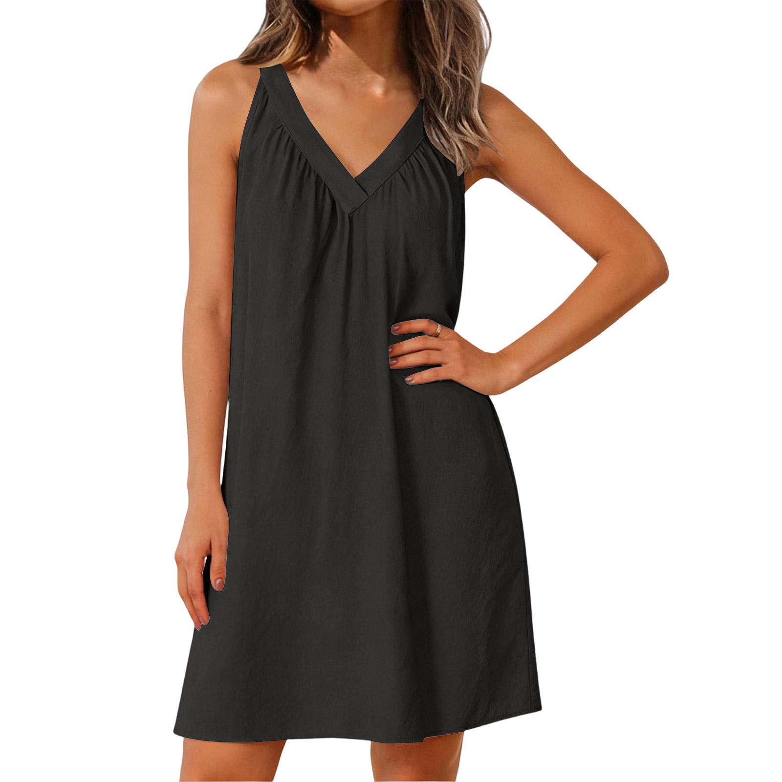 

Women s Casual Fashion Loose Sexy Sleeveless V-neck Pleated Dress L