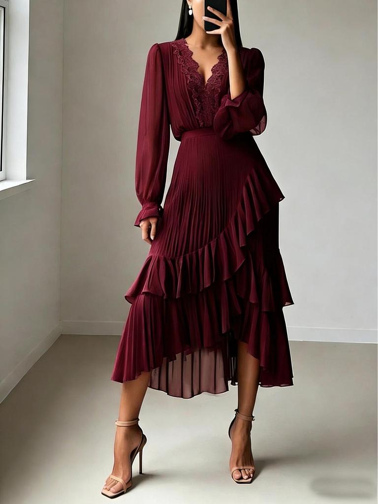 2026 European & American V-neck Long Sleeve Ruffled Pleated Dress for Banquet Parties