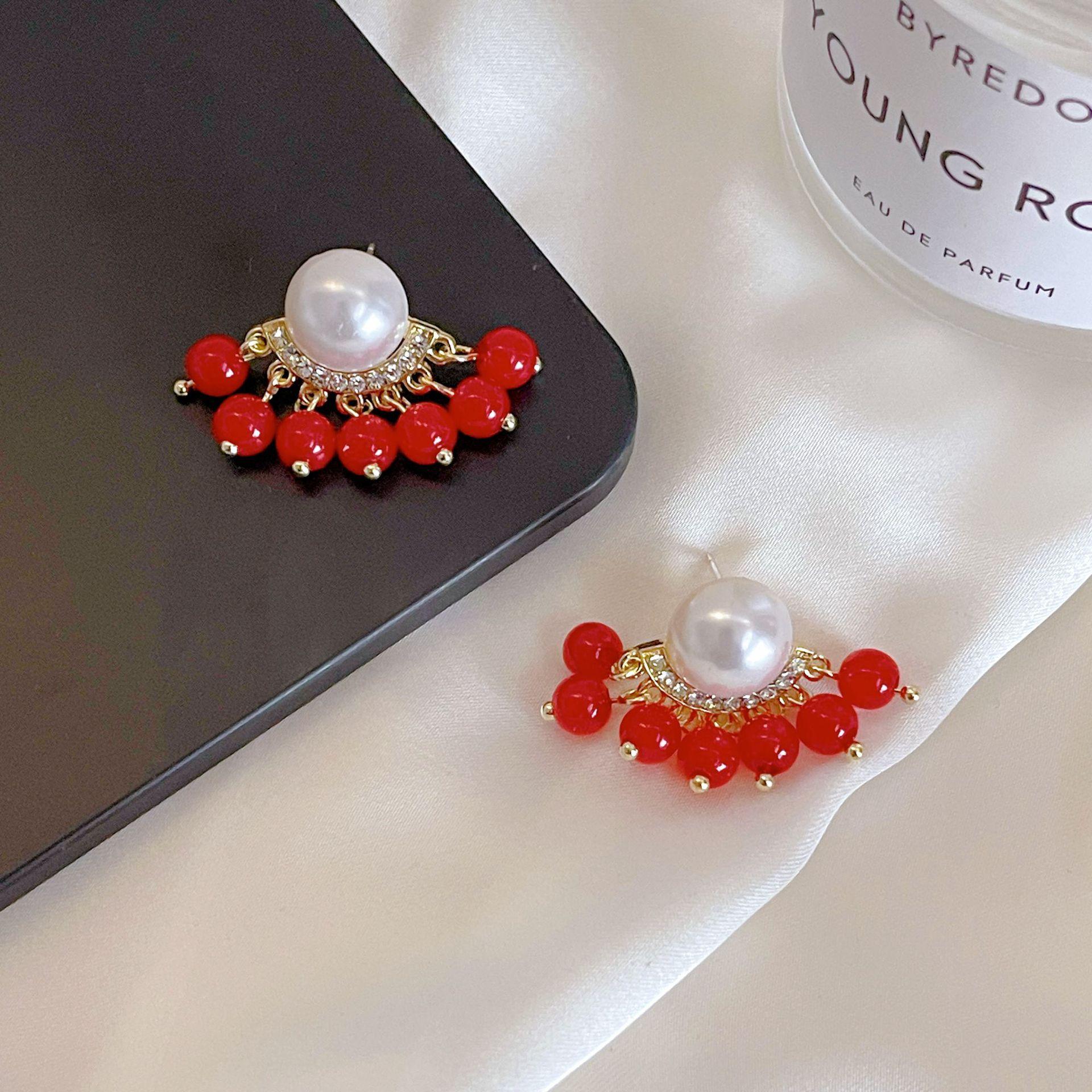 Новогодние французские красные серьги-гвоздики с жемчугом и бриллиантами, легкая роскошь, ретро, высококачественные, модные, с характером