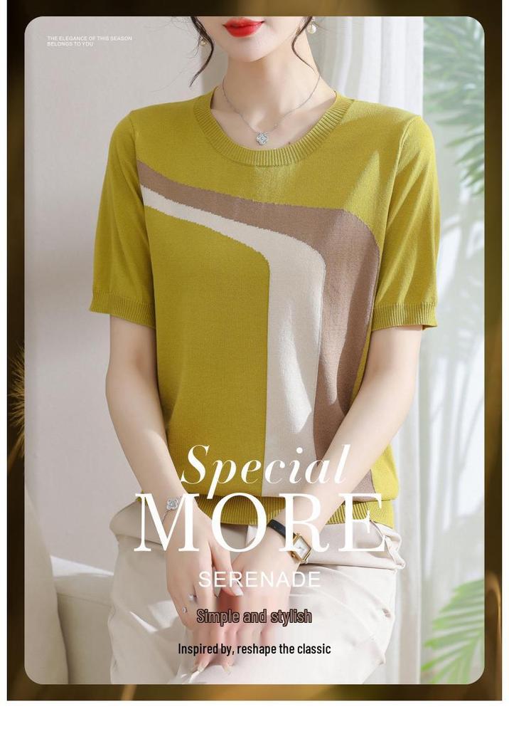Young Mother's Stylish Ice Silk Knit Short Sleeve T-Shirt