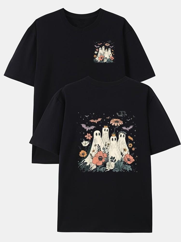 

Halloween-Them wbr/ ed Men039;S Double-Sided Print T-ShirtSpooky Ghosts amp; Flowers Desi Unisex T-Shirt L