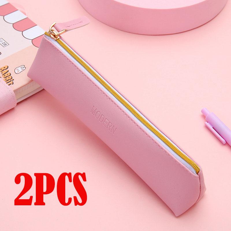 New PU Leather Zipper Pen Pencil Bag Simple Vintage Color Case Storage Pouch for Pens Stationery School  Mini Pencils Bag