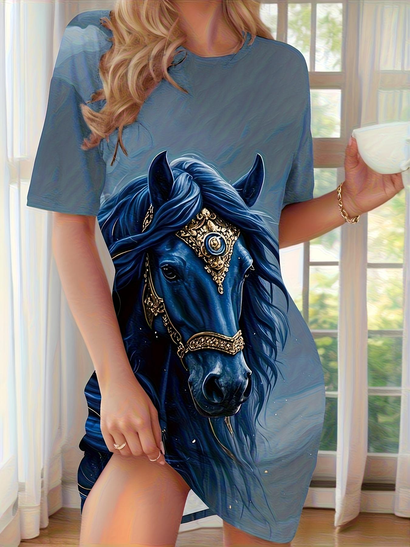 

New Women s Stylish Galloping Horse Print Pajama Dress. High-Quality Short Sleeve Round Neck Design for Comfortable Home Sleepwear 6XL дубильная кора