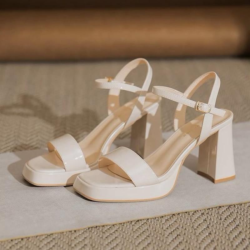 

НОВЫЕ Летние Женские Сандалии из Коровьей Кожи Женская Обувь Квадратный Носок Супер Высокий Каблук Однотонные Массивные Каблуки Бежевые Сандалии на Платформе для Женщин 39 бежевый