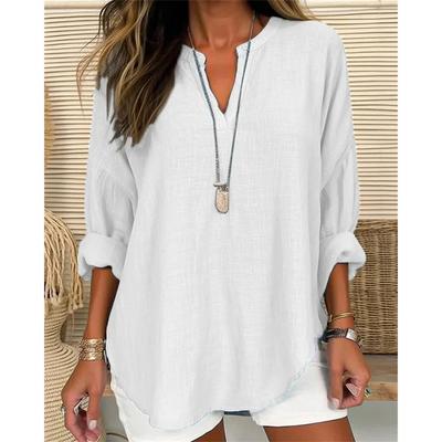 Frauen Frühling Herbst Baumwolle Leinen Bluse Weiß Grün Blau Lose Top V-ausschnitt Drop Schulter Langarm Blusen