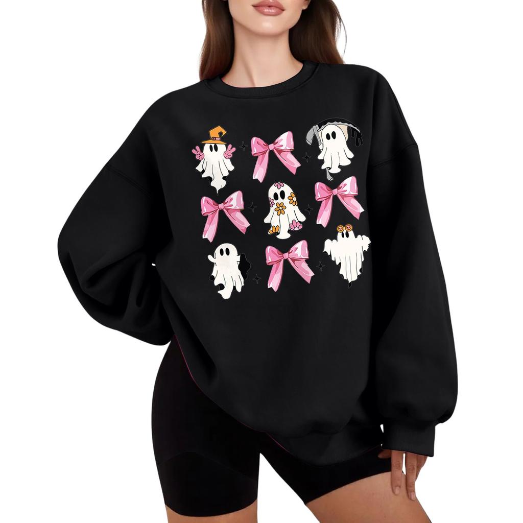 Sweat à capuche à manches longues et col rond pour femme, mode Halloween, petit imprimé