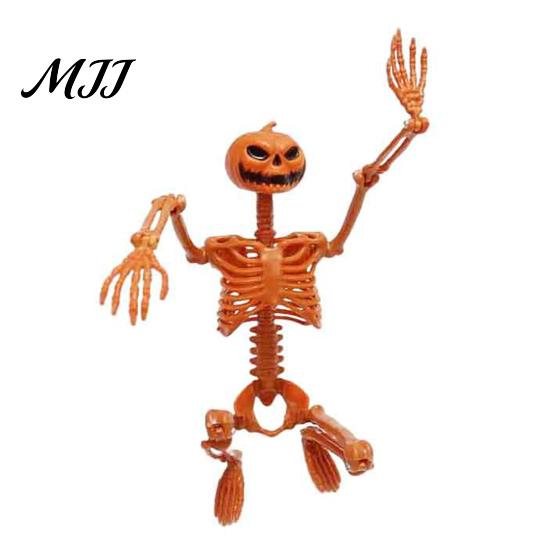 Pumpkin Skull Prop 40cm Head Skeleton for Halloween Decoration, Movable Joint Spooky Party Supplies Figurine with Hanging Lanyard, Festive Statue