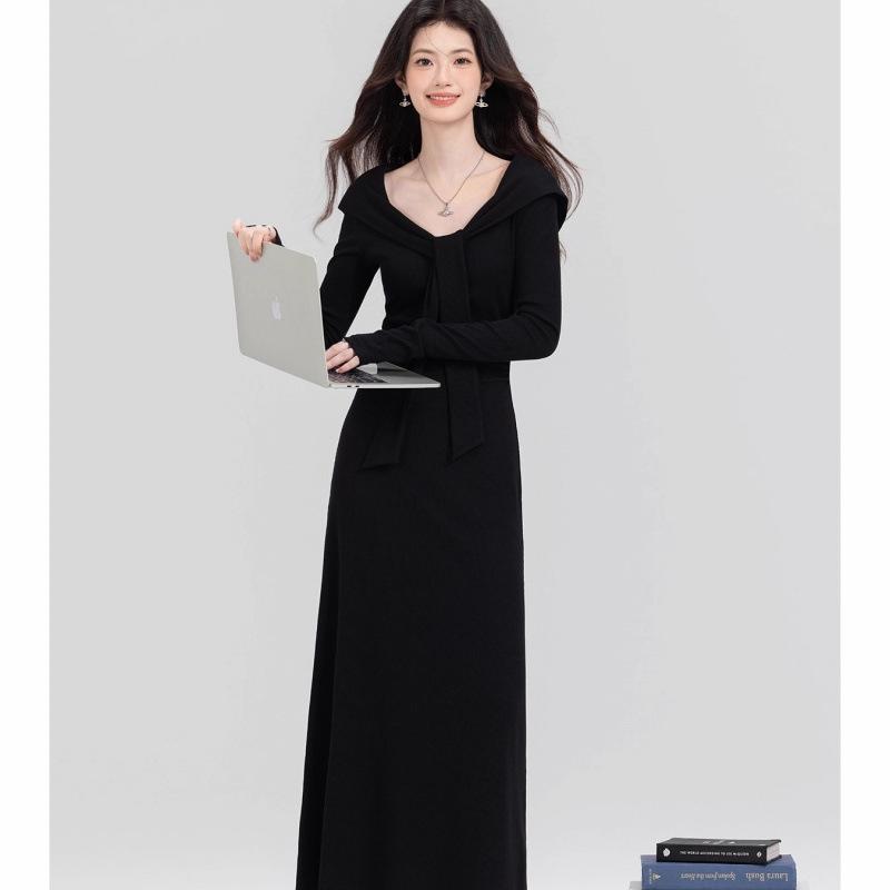 2025 Autumn/Winter Knit Slimming Tie-Up Shawl Dress with a Layered Look XL чёрный