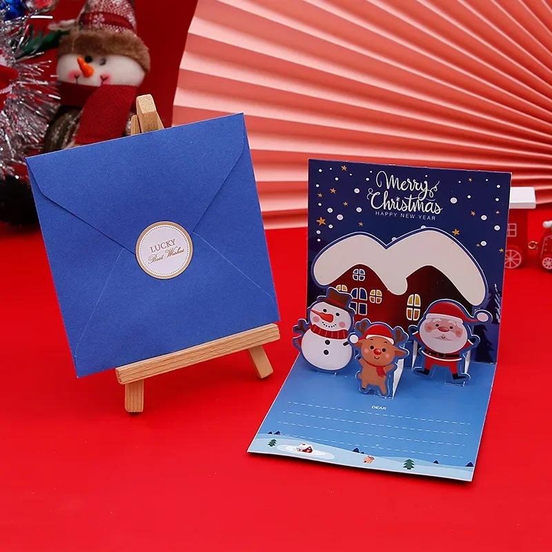 3D Pop Up Cartoon Christmas Card Merry Christmas Greeting Card Handwritten Blessing Invitation Cards Thanksgiving New  Gifts