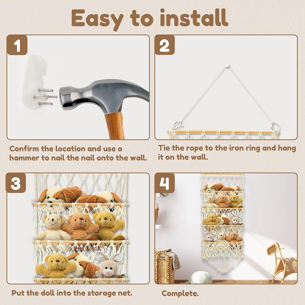 Spielzeughängematte im Bohème-Stil zur Wandaufbewahrung, große Kapazität, Plüschpuppenhalter-Hängematte für Stofftiere