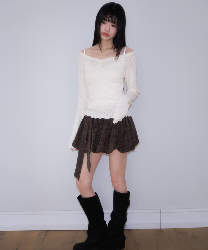 ROSEFRANTZ Balloon Check Belted Miniskirt [Brown]
