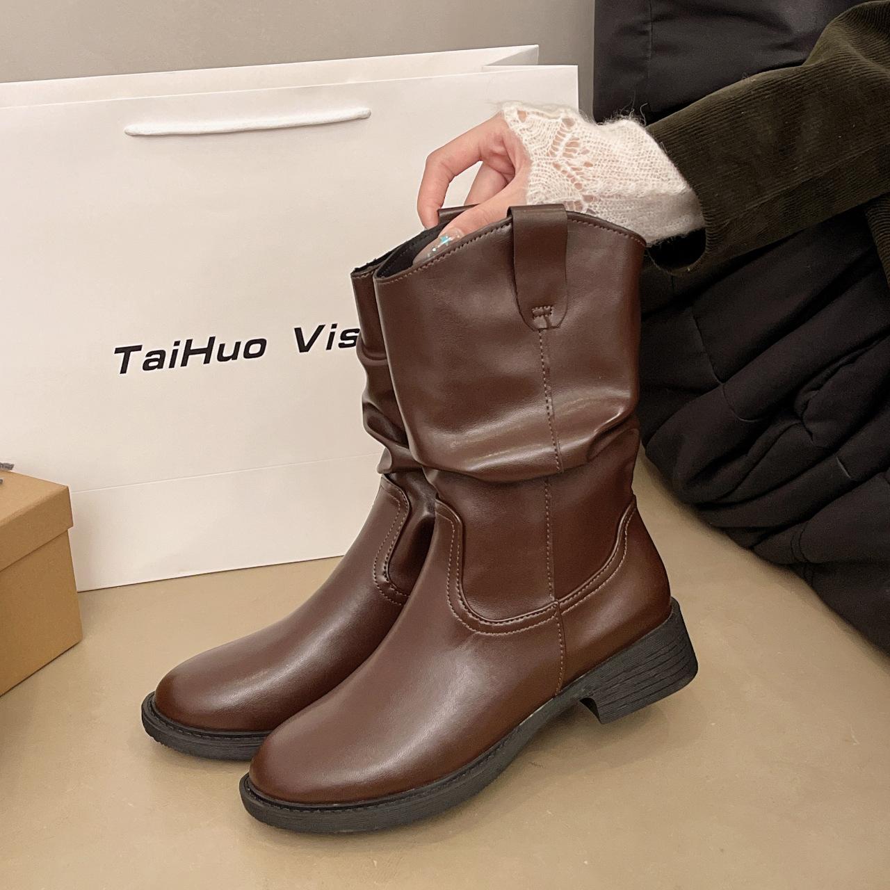 

Коричневые ретро ковбойские сапоги женские 2025 осень новые плиссированные сапоги-чулки средней длины рыцарские сапоги темпераментные ботинки Мартин 40 темно-коричневого