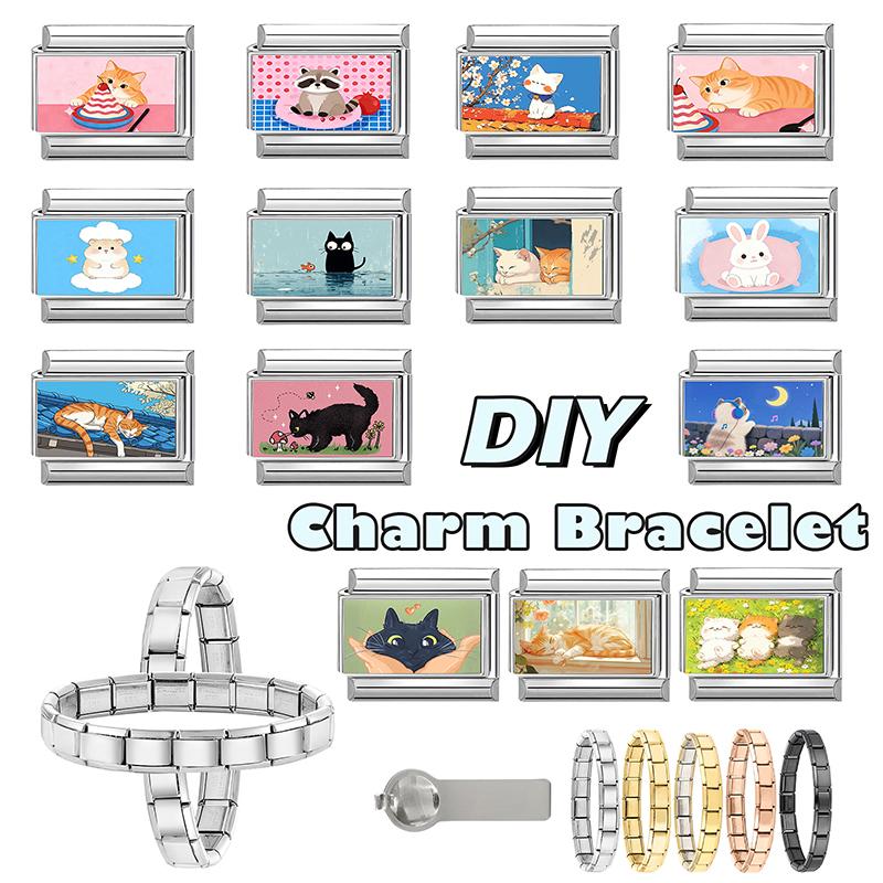 New Cute Animals Series Cat Dog Moon Heart Flowers Italian Charm Beads Fit 9mm Stainless Steel Module DIY Bracelet Jewelry Gift