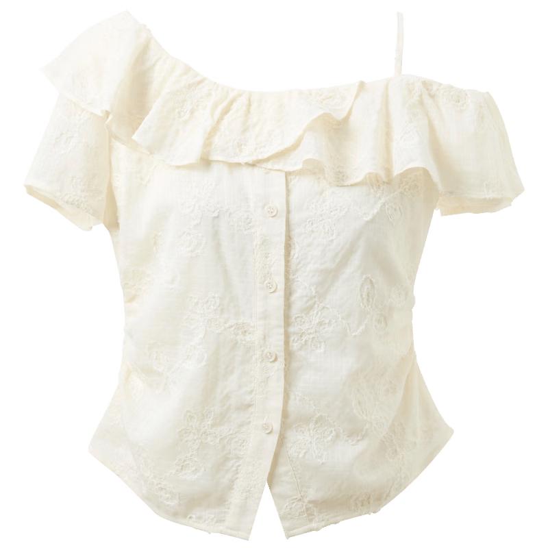 Sancai 2026 Summer Embroidered Ruffle Short Sleeve Top M