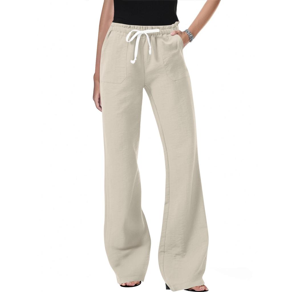 Women's Slant Pocket Elastic Waist Casual Cotton And Linen Trousers