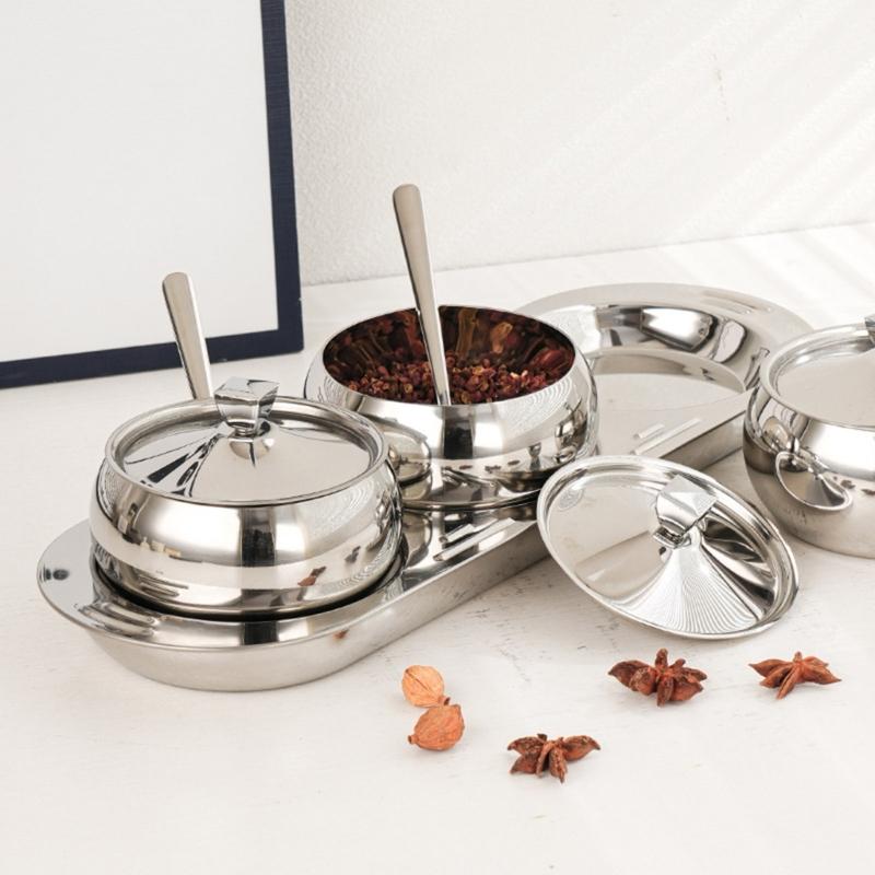 Durable 304 Stainless Steel Condiment Container Set With Lid And Spoons Spices Storage Solution For Home Use