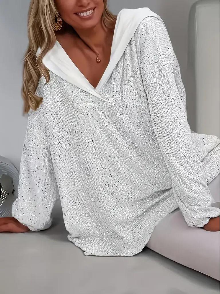 Women's Elegant Sequin Beaded Loose-Fit Hooded Pullover Sweatshirt