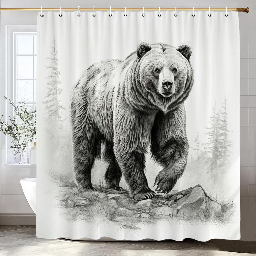 1 Piece Black Line Forest and Bear Shower Curtain, Bathroom Decorative Shower Curtain, Waterproof Shower Curtain with Hooks
