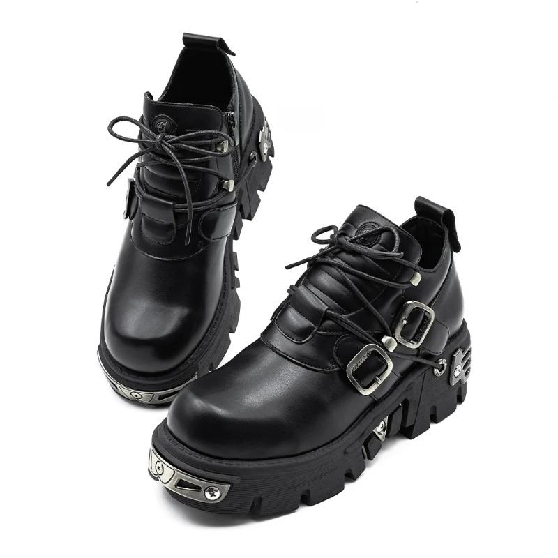 New Dark Punk Style Woman Gothic Flame Carved Vintage Rock Boots Leather Shoes Metal Niche Low Top Platform Shoes