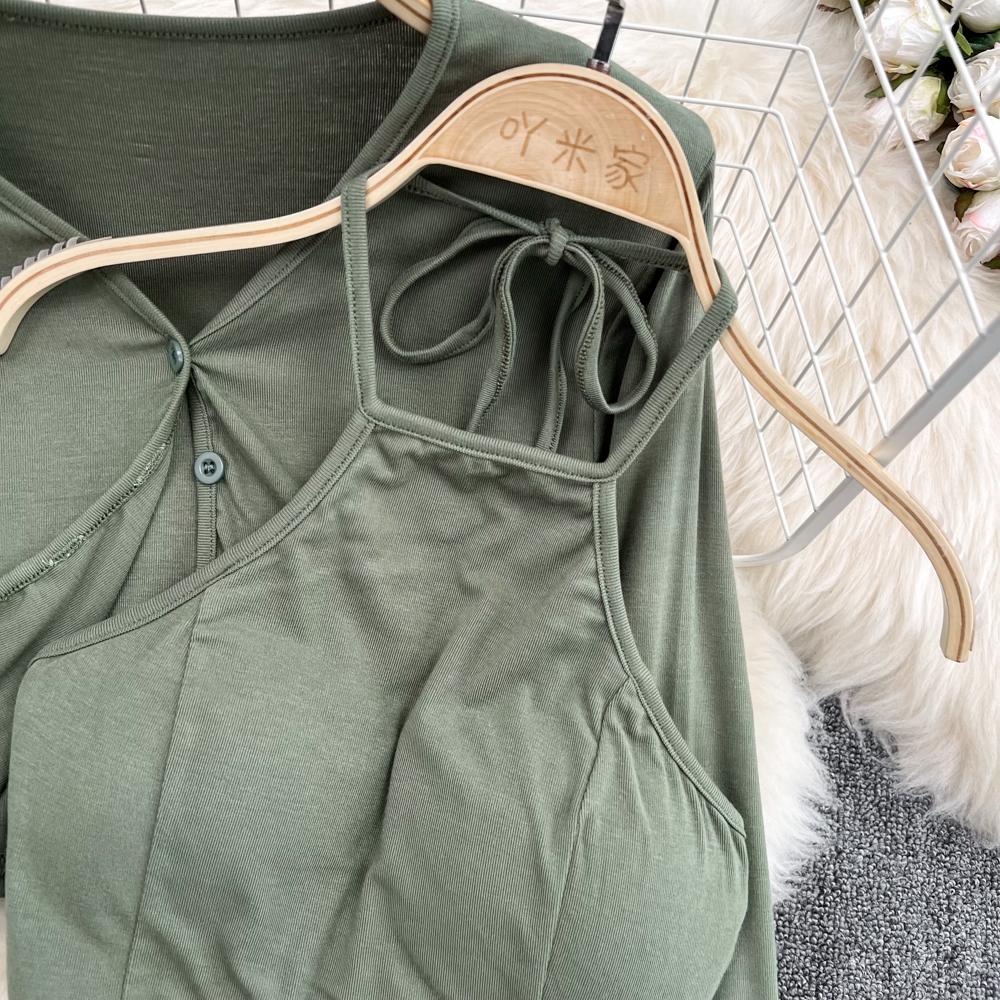 Fashion Suit Female Halter Camisole Three-Piece Set V-Neck Shawl Coat High Waist Split Skirt Autumn