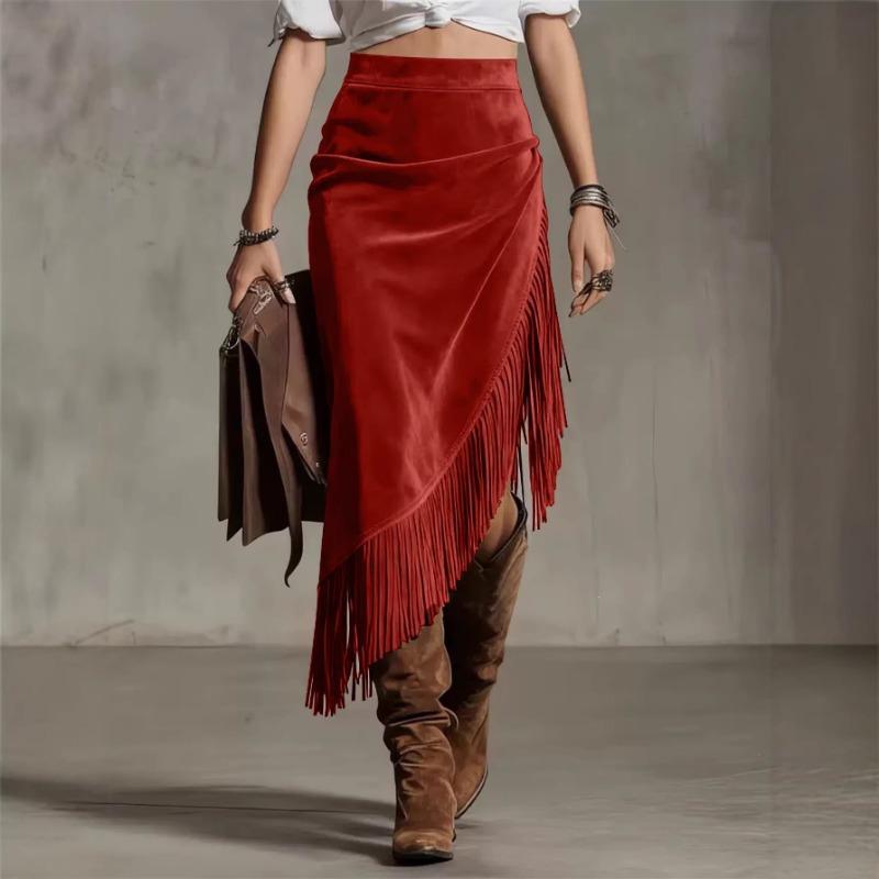 Vintage Western Style Irregular Design Solid Color Midi Skirt