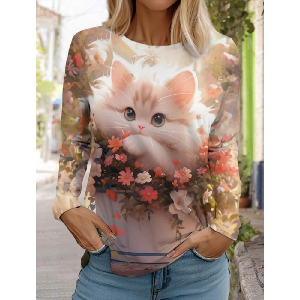 Cute Cat Women's Long Sleeves T-Shirt Round Neck Long Sleeved Autumn Animal Clothing Holiday Gift Clothing Fashion Party T-Shirt