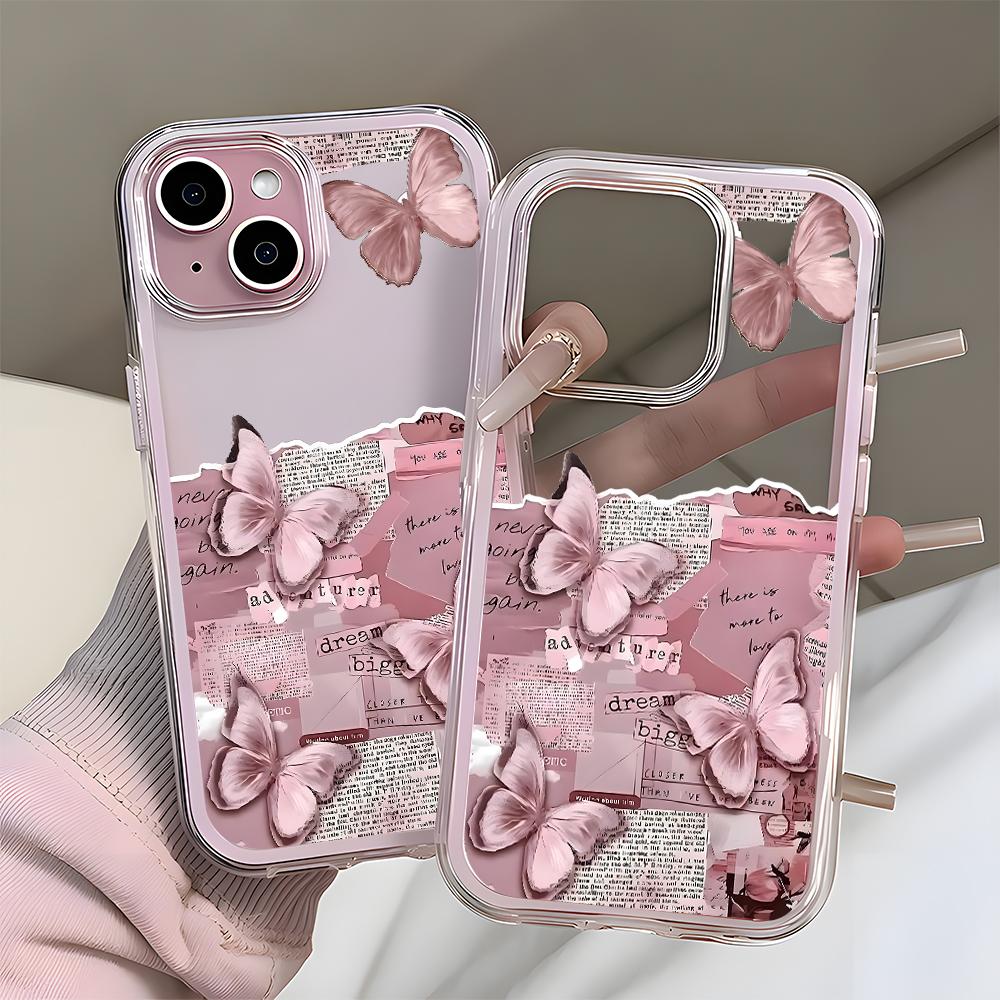 Pink Butterfly Collage Pattern Clear Phone Case For iPhone 11 12 13 14 15 16 17 Pro Max Air Plus 2 In 1 Candy Color Soft Cover
