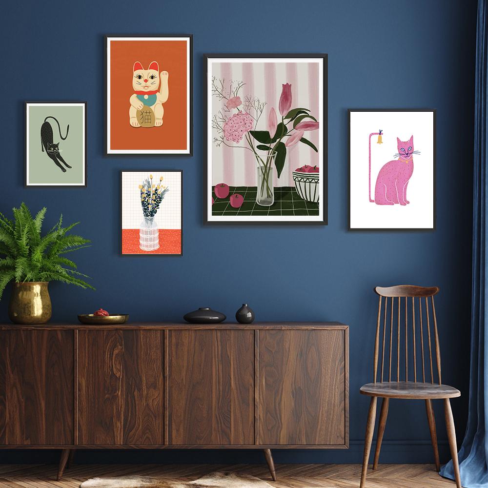 Japanese Lucky Cats Wall Art Botanical Flowers Vase Poster And Print Abstract Animal Pictures for Home Bedroom Living Room Decor