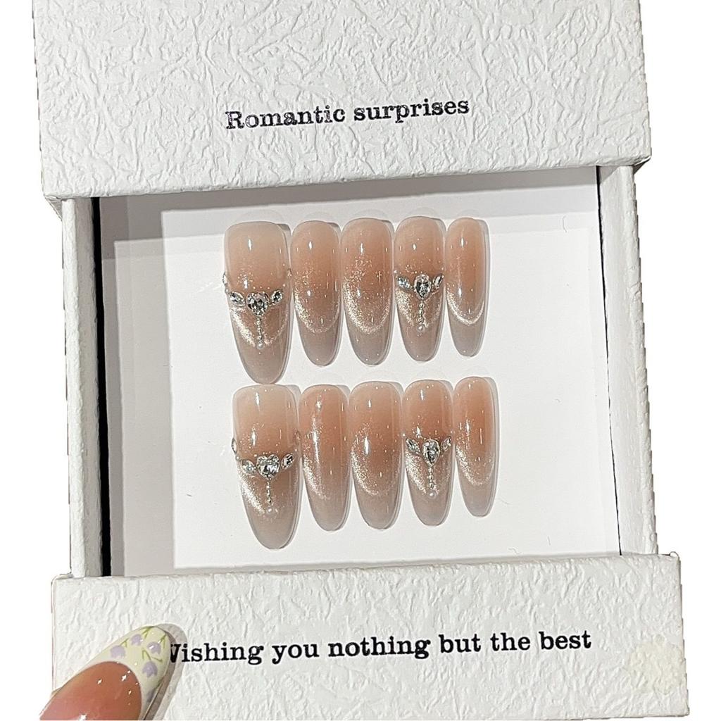 Gentle Peach Nude Color Gradient French Smile Cat Eye Broken Diamond Tassel Wear Armor