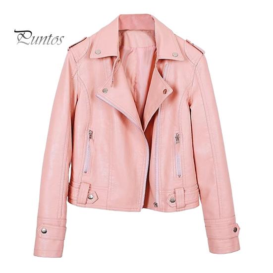 

Женская куртка из искусственной кожи с гладкой поверхностью, отложным воротником, застежкой-молнией и заклепками, длинные рукава, мотоциклетное пальто, дорожная верхняя одежда L розовый